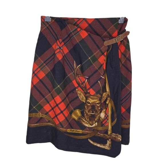 RALPH LAUREN Vintage 80s Hunter Deer Wool Red Tartan Plaid Wrap Skirt  Size 6 - Picture 1 of 8